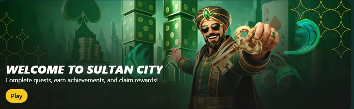 Promotional casino banner welcoming players to Sultan City, featuring a character holding a large key, green slot-themed visuals, and a yellow “Play” button.