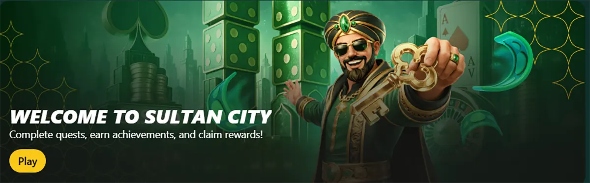 Promotional casino banner welcoming players to Sultan City, featuring a character holding a large key, green slot-themed visuals, and a yellow “Play” button.