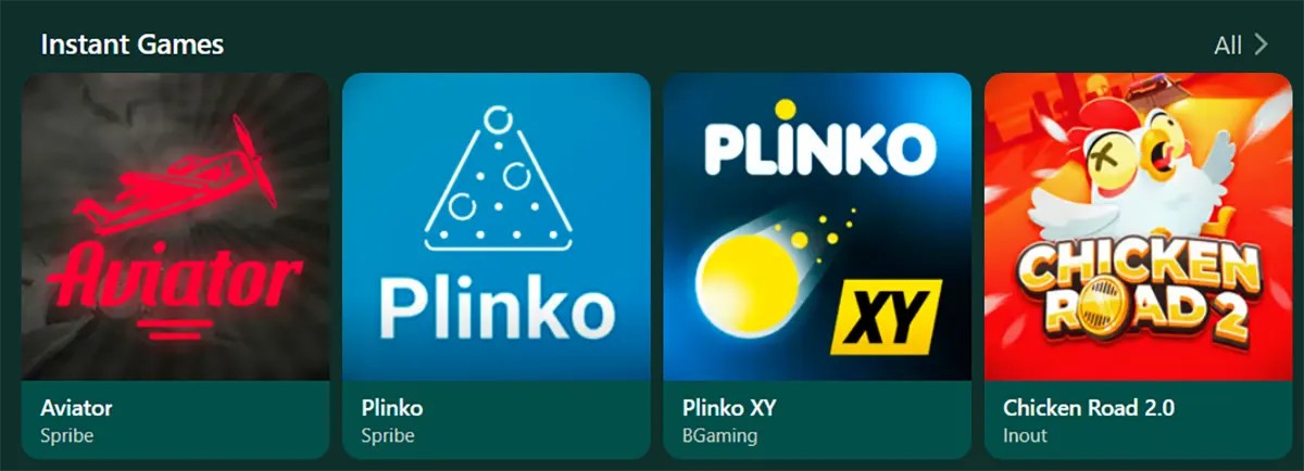 Instant games row featuring Aviator, Plinko, Plinko XY, and Chicken Road 2.0 on a dark green casino interface.