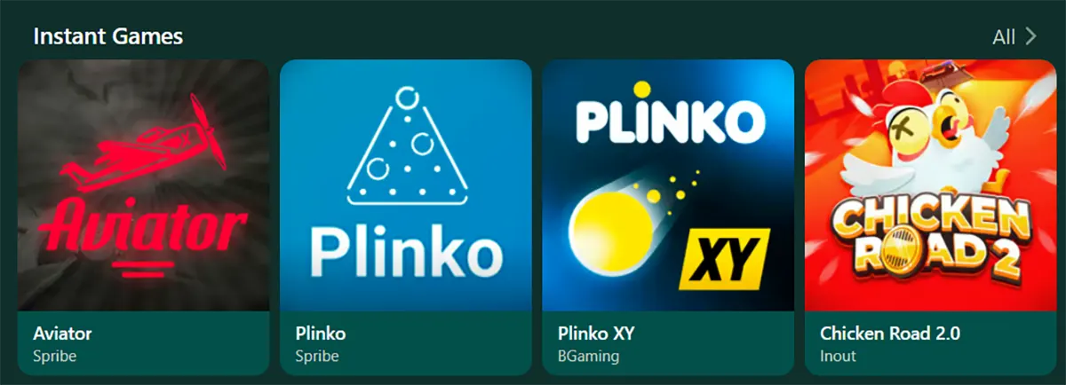 Instant games row featuring Aviator, Plinko, Plinko XY, and Chicken Road 2.0 on a dark green casino interface.