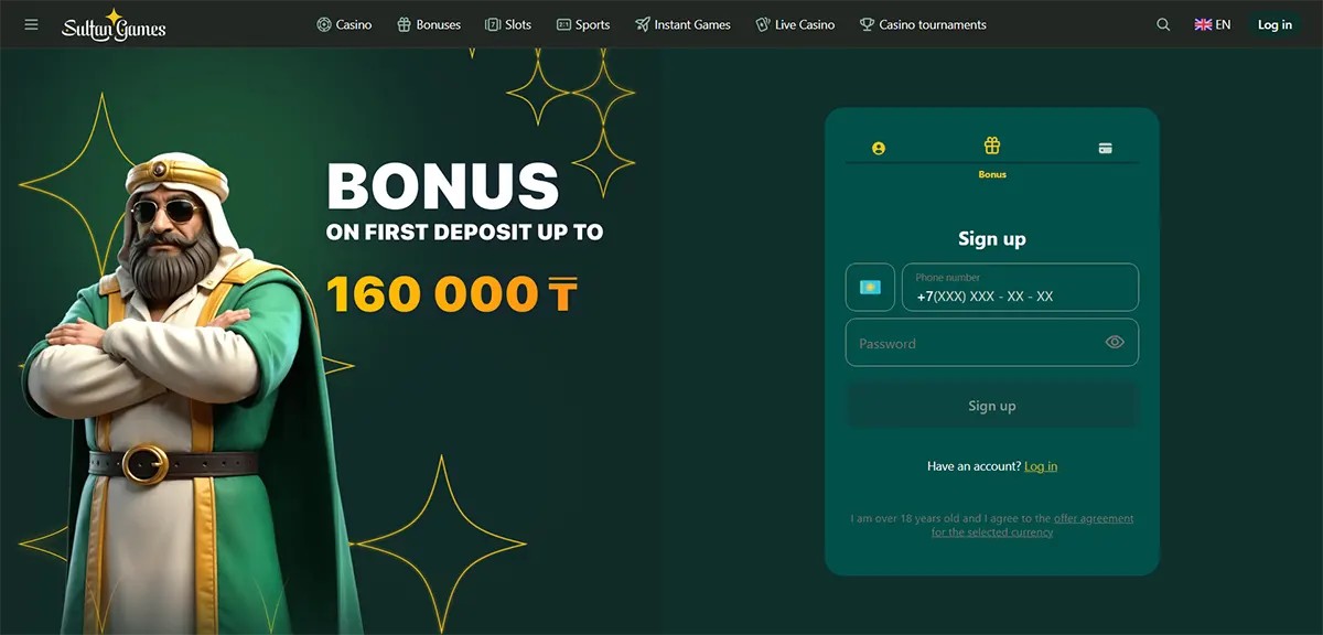 Casino homepage banner featuring a character in traditional attire, a first deposit bonus offer up to 160,000 ₸, and a sign-up form with phone number and password fields on a dark green interface.