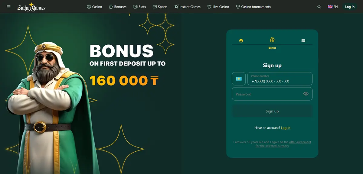 Casino homepage banner featuring a character in traditional attire, a first deposit bonus offer up to 160,000 ₸, and a sign-up form with phone number and password fields on a dark green interface.